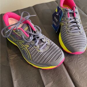 ASICS Gray Running Shoes with Pink & Yellow Accents